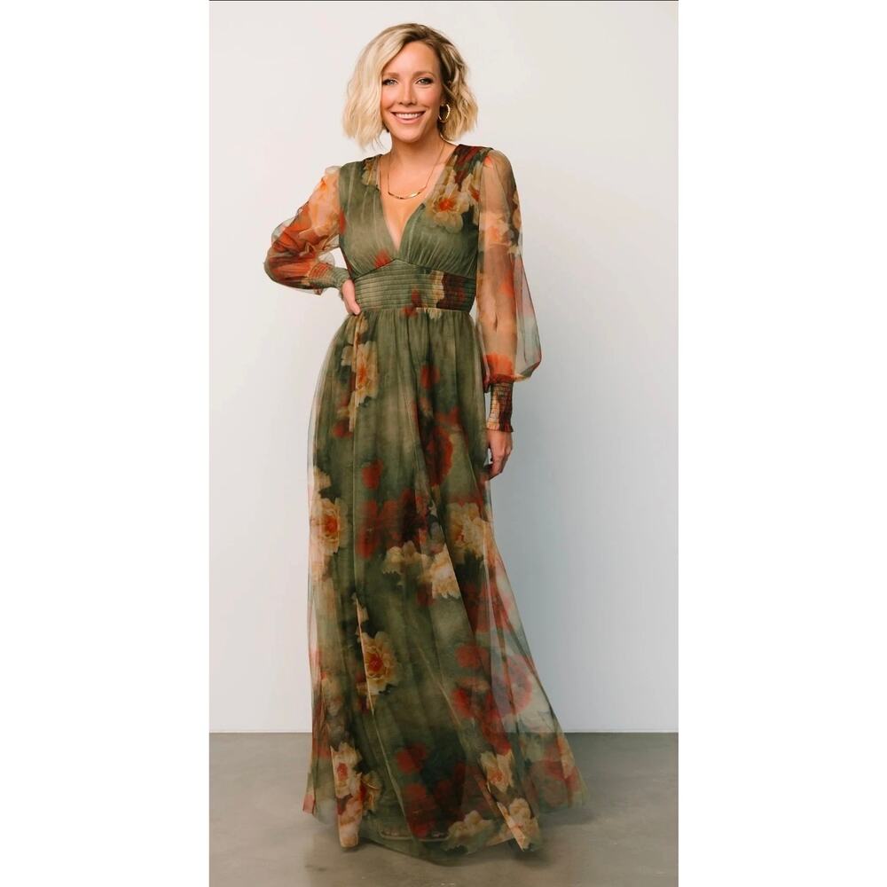 Baltic born Layla Tulle maxi dress floral sheer rustic green L